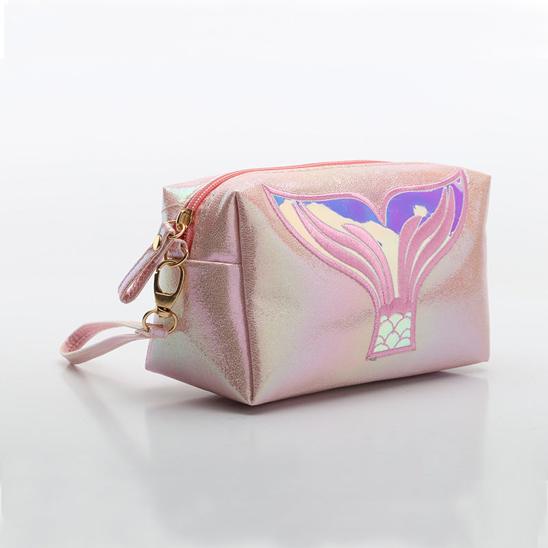 Wholesale PU Crack Fish Tail Illusion Laser Cosmetic Bag Cartoon Handbag Storage Bag